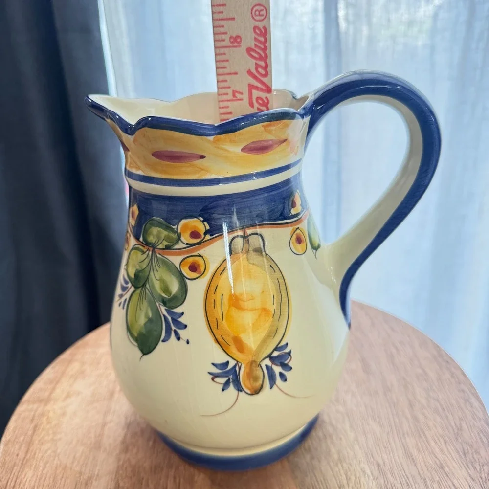 VTG J Wilifred‎ for Sadek Hand Painted Lemon Pitcher Blue Yellow Portugal 7 inch